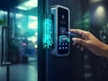 Hand using fingerprint, scan for smart digital door locker, ai generated