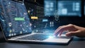 Hand using laptop with AI interface and code on virtual screen Royalty Free Stock Photo