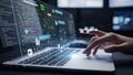 Hand using laptop with AI interface and code on virtual screen Royalty Free Stock Photo