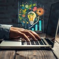 Hand using laptop start new industry and business trend Changes in new planning strategy and investment
