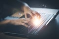 Hand using laptop and touch folder of document Management System, online documentation database and process automation to efficien Royalty Free Stock Photo