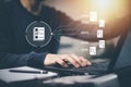 Hand using laptop and touch folder of document Management System, online documentation database and process automation to efficien Royalty Free Stock Photo
