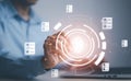 Hand using laptop and touch folder of document Management System, online documentation database and process automation to efficien Royalty Free Stock Photo