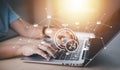 Hand using laptop and touch folder of document Management System, online documentation database and process automation to efficien Royalty Free Stock Photo