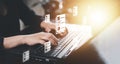 Hand using laptop and touch folder of document Management System, online documentation database and process automation to efficien Royalty Free Stock Photo