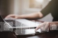 Hand using laptop and touch folder of document Management System, online documentation database and process automation to efficien Royalty Free Stock Photo