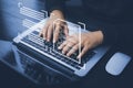 Hand using laptop and touch folder of document Management System, online documentation database and process automation to efficien Royalty Free Stock Photo