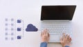 Hand using laptop uploading data to cloud storage system online Royalty Free Stock Photo