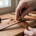 Hand using a metal punch to install rivets on a brown leather belt strap closeup Royalty Free Stock Photo