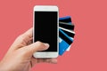 hand using mobile phone credit card, Online Shopping Concept isolated pink Royalty Free Stock Photo