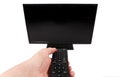 Hand using remote control in front of the TV with empty black sc Royalty Free Stock Photo