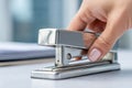 Hand using a silver stapler to bind papers on a desk in a modern office setting during daylight hours Royalty Free Stock Photo