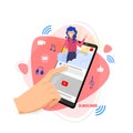 Hand using smart phone with Youtube icon on its screen, flat design vector illustration Royalty Free Stock Photo