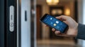Hand using smartphone app to unlock smart door lock Royalty Free Stock Photo