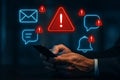 Hand using smartphone with digital warning alerts, cybersecurity risk, data breach, online threats, privacy protection concept. Royalty Free Stock Photo