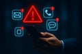 Hand using smartphone with digital warning alerts, cybersecurity risk, data breach, online threats, privacy protection concept. Royalty Free Stock Photo