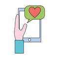 Hand using smartphone with heart and speech bubble Royalty Free Stock Photo