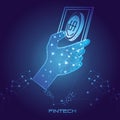 Hand using smartphone with money fintech concept