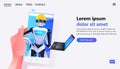 hand using smartphone with robot engineer in helmet using laptop modern robotic character artificial intelligence