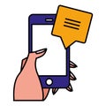 Hand using smartphone with speech bubble Royalty Free Stock Photo