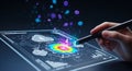 Hand using stylus on futuristic tablet displaying data visualization and cloud connection network Royalty Free Stock Photo