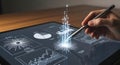 Hand using stylus on tablet with glowing data visualization charts and graphs Royalty Free Stock Photo