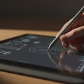 A hand using a stylus on a tablet screen displaying digital interfaces with concentric Royalty Free Stock Photo