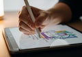 A hand using a stylus to draw on a tablet screen. The screen Royalty Free Stock Photo
