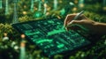 Green Technology Data Analysis on a Tablet in a Lush Forest Royalty Free Stock Photo
