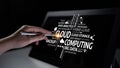 Hand Using Stylus on Touchscreen with Cloud Computing Words and Concepts Illustrated on Dark Background, Symbolizing Royalty Free Stock Photo