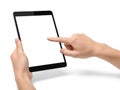 Hand using tablet device isolated on white background Royalty Free Stock Photo