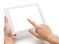 Hand using tablet device isolated on white background Royalty Free Stock Photo