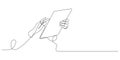 hand using tablet online working and communication one line drawing continuous