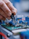 Hand using tweezers to carefully place or remove a microchip on a green printed circuit board with various electronic components Royalty Free Stock Photo