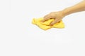 Hand Using yellow rags wipe on isolated. Royalty Free Stock Photo