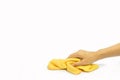 Hand Using yellow rags wipe on isolated. Royalty Free Stock Photo