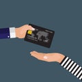 Hand of victim giving a credit card to robber. Vector Illustration