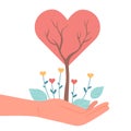 Hand of volunteer holding growing plant with heart. Assistance and protection, hope, love and support concept Royalty Free Stock Photo