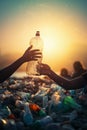 Hand of volunteers putting garbage on the beach