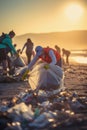 Hand of volunteers putting garbage on the beach