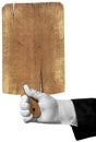 Hand of Waiter Holding a old Wooden Cutting Board Isolated on White Background Royalty Free Stock Photo