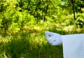 Hand of a waiter in a white glove showing a sign against a nature background Royalty Free Stock Photo