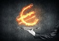 Hand of waitress presenting flaming euro sign. Royalty Free Stock Photo