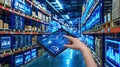 the hand of a warehouse worker operates a tablet, managing a digital construction system with a dashboard, against the Royalty Free Stock Photo