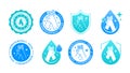 Hand wash icons. Cleansing gel logo. Alcohol drop for Covid shield. Dermatologically tested. Antiseptic or soap bottle