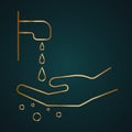 Hand wash with water vector icon. Gold metal with dark background