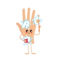 Hand washes arm. Human body part cleaning itself with soap foam and brush. Hygiene mascot. Isolated character with cute Royalty Free Stock Photo