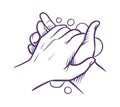 Hand washing. Blue hands with foam bubbles in sketch style to prevent virus and bacteria, antibacterial soap