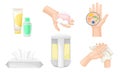 Hand Washing and Cleansing Using Bar of Soap and Soap Dispenser Vector Illustrations Set Royalty Free Stock Photo