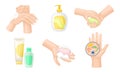 Hand Washing and Cleansing Using Bar of Soap and Soap Dispenser Vector Illustrations Set Royalty Free Stock Photo